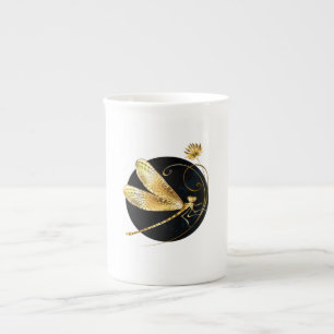 Golden dragonfly in black circle bone china mug