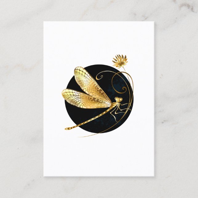 Golden dragonfly in black circle calling card (Front)