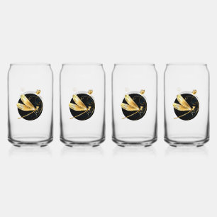 Golden dragonfly in black circle can glass