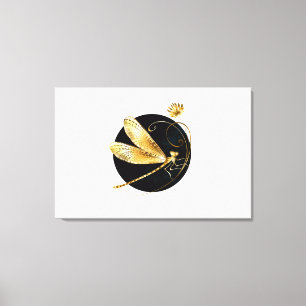 Golden dragonfly in black circle canvas print