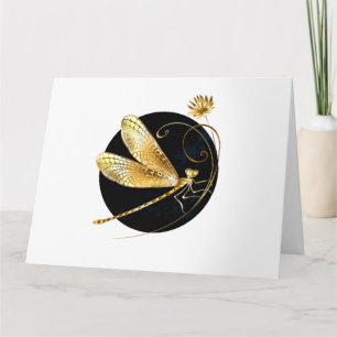 Golden dragonfly in black circle card