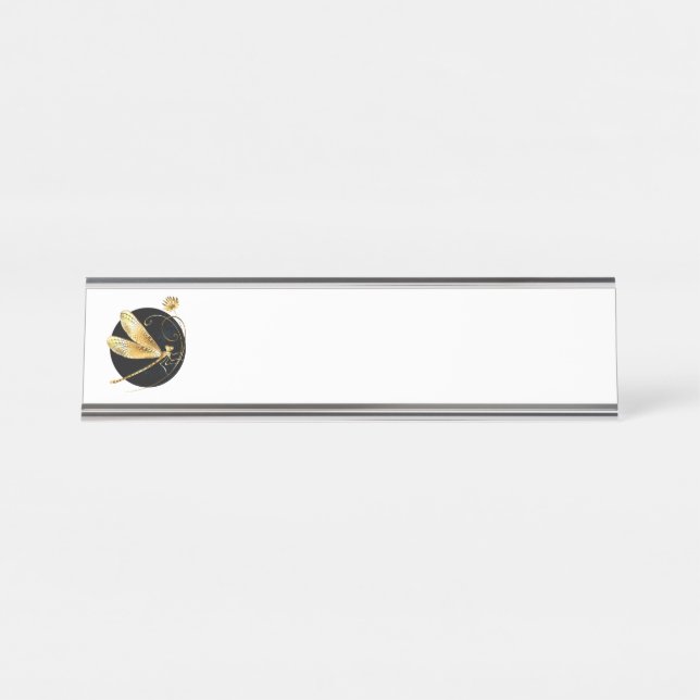 Golden dragonfly in black circle desk name plate (Front)