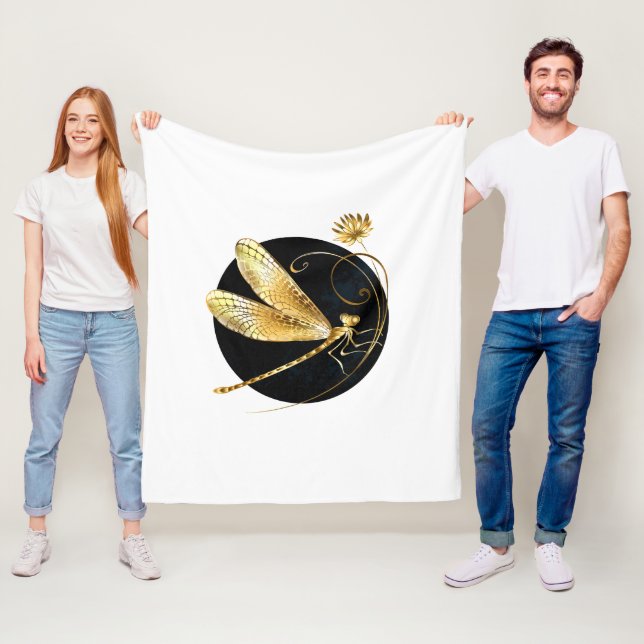 Golden dragonfly in black circle fleece blanket (In Situ)