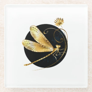 Golden dragonfly in black circle glass coaster