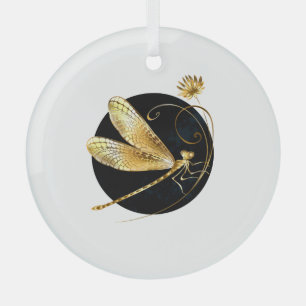 Golden dragonfly in black circle glass ornament