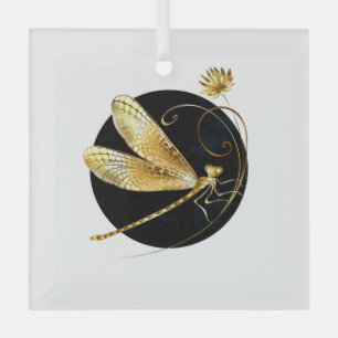 Golden dragonfly in black circle glass ornament