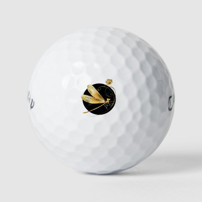 Golden dragonfly in black circle golf balls (Front)