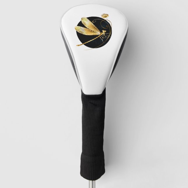Golden dragonfly in black circle golf head cover (Front)