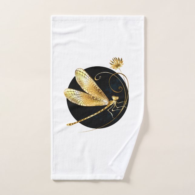 Golden dragonfly in black circle hand towel (Hand Towel)