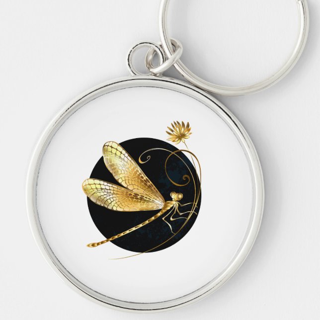 Golden dragonfly in black circle keychain (Front)