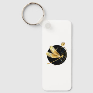 Golden dragonfly in black circle keychain