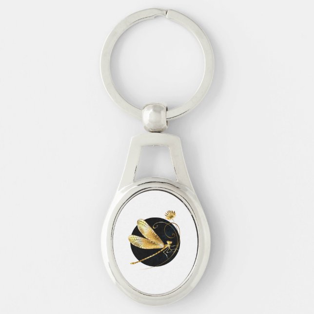 Golden dragonfly in black circle keychain (Front)