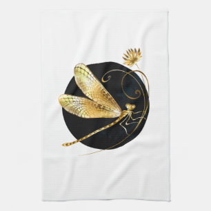 Golden dragonfly in black circle kitchen towel