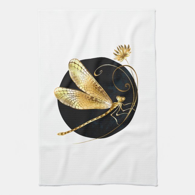Golden dragonfly in black circle kitchen towel (Vertical)