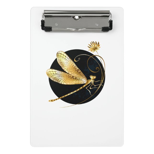 Golden dragonfly in black circle mini clipboard (Front)