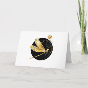 Golden dragonfly in black circle note card