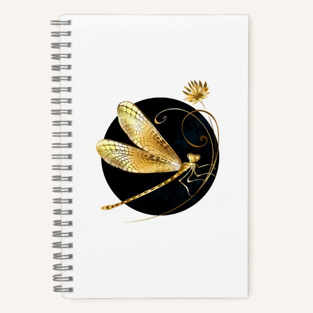 Golden dragonfly in black circle notebook (Front)