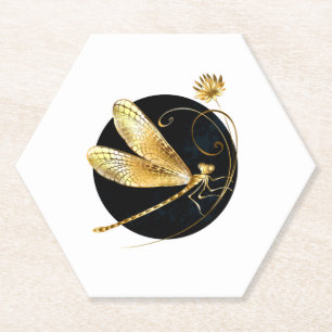 Golden dragonfly in black circle paper coaster