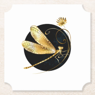 Golden dragonfly in black circle paper coaster