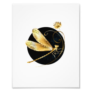 Golden dragonfly in black circle photo print