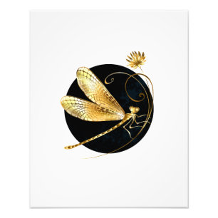 Golden dragonfly in black circle photo print