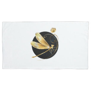 Golden dragonfly in black circle pillowcase