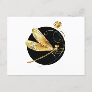Golden dragonfly in black circle postcard