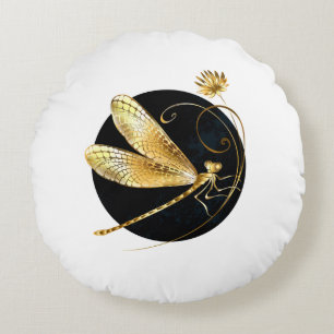 Golden dragonfly in black circle round pillow