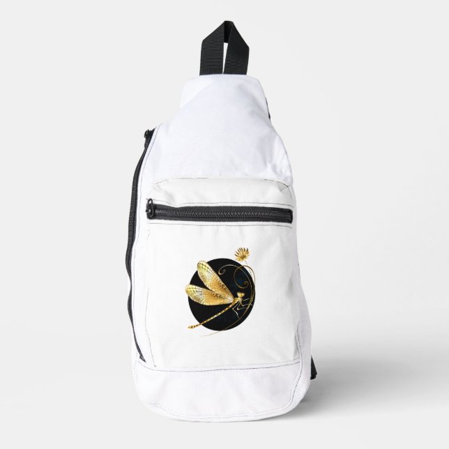 Golden dragonfly in black circle sling bag (Front)