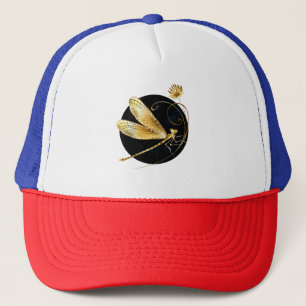 Golden dragonfly in black circle trucker hat