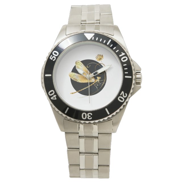 Golden dragonfly in black circle watch (Front)