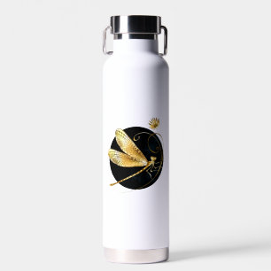 Golden dragonfly in black circle water bottle