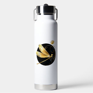 Golden dragonfly in black circle water bottle