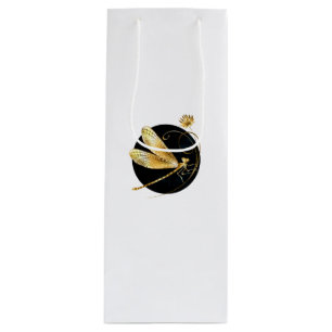Golden dragonfly in black circle wine gift bag