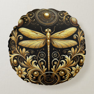 Golden Dragonfly Ornate Floral Accent Round Pillow