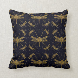 Golden dragonfly pattern - dark throw pillow