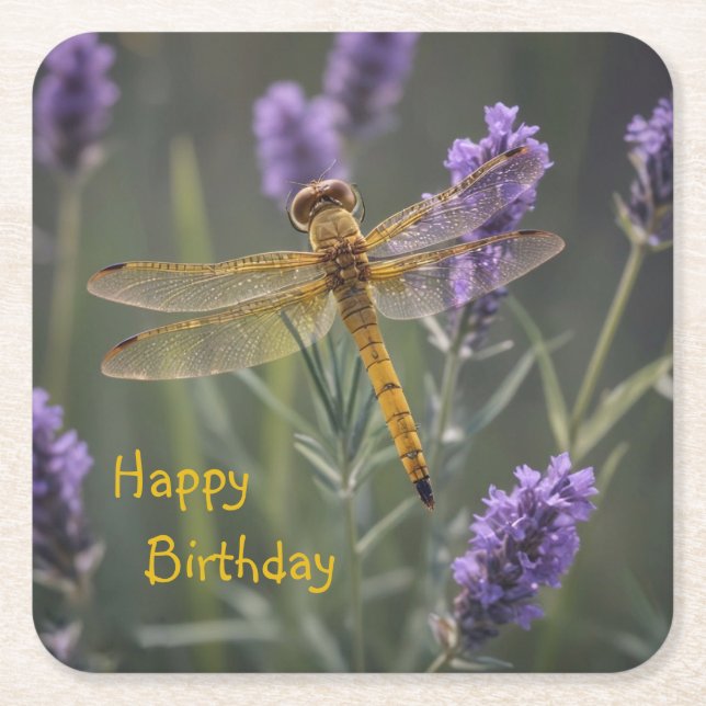 Golden Dragonfly Square Paper Coaster (Front)