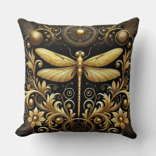 Golden Dragonfly Surrounded by Ornate Floral Throw Pillow