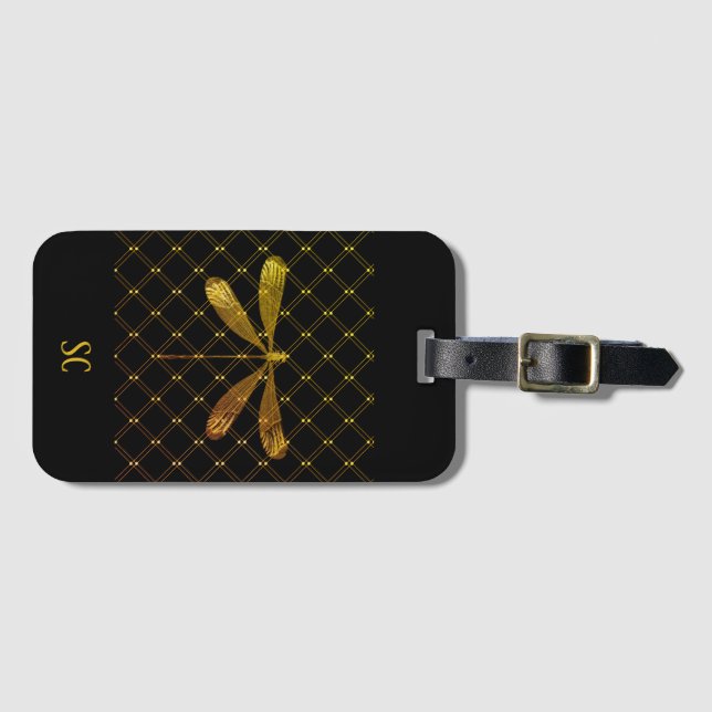 Golden Dragonfly with Custom Text Luggage Tag (Front Horizontal)