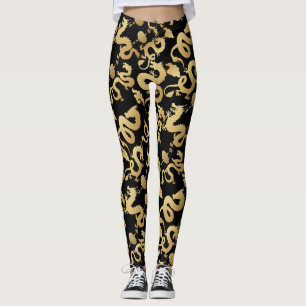 Golden Dragons Pattern Black BG Leggings