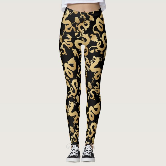 Golden Dragons Pattern Black BG Leggings (Front)