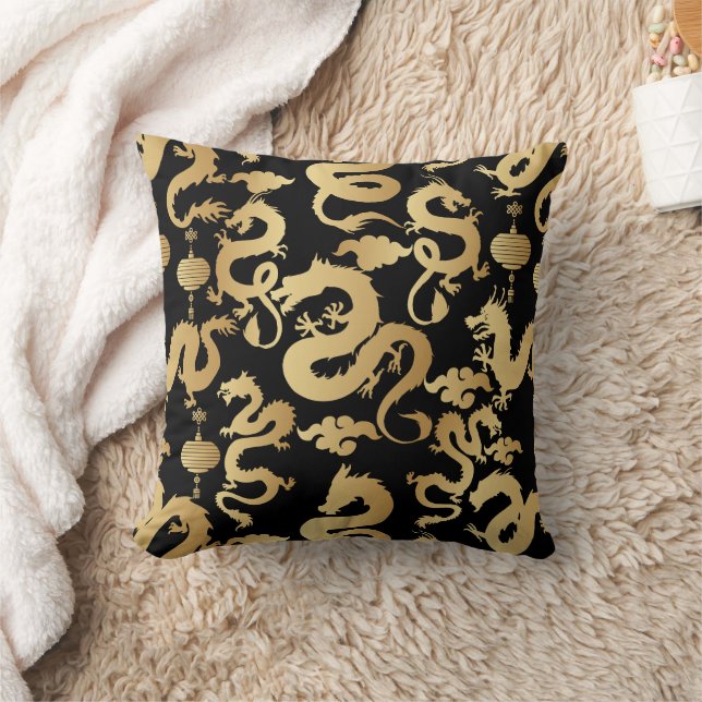 Golden Dragons Pattern Black BG Throw Pillow (Blanket)