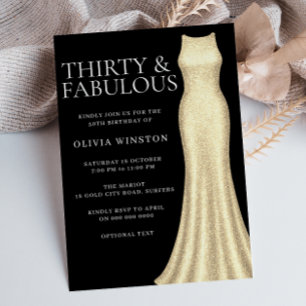 Golden Dress & Black Womans 30th Birthday Invitation