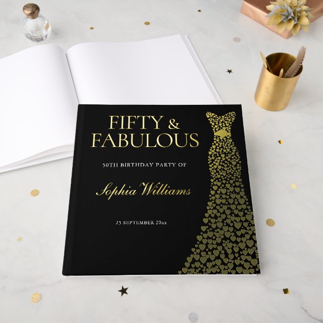 Golden Dress Fifty & Fabulous 50th Birthday Party Guest Book (Front Open)