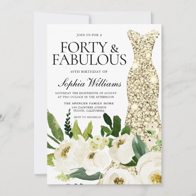 Golden Dress Forty & Fabulous 40th Birthday Invitation (Front)