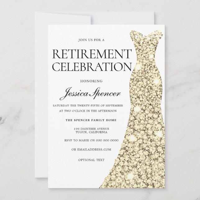 Golden Dress Retirement Party Celebration Invite (Front)
