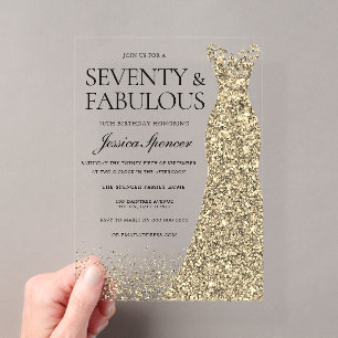 Golden Dress Womans 70th Birthday Party Acrylic Invitations