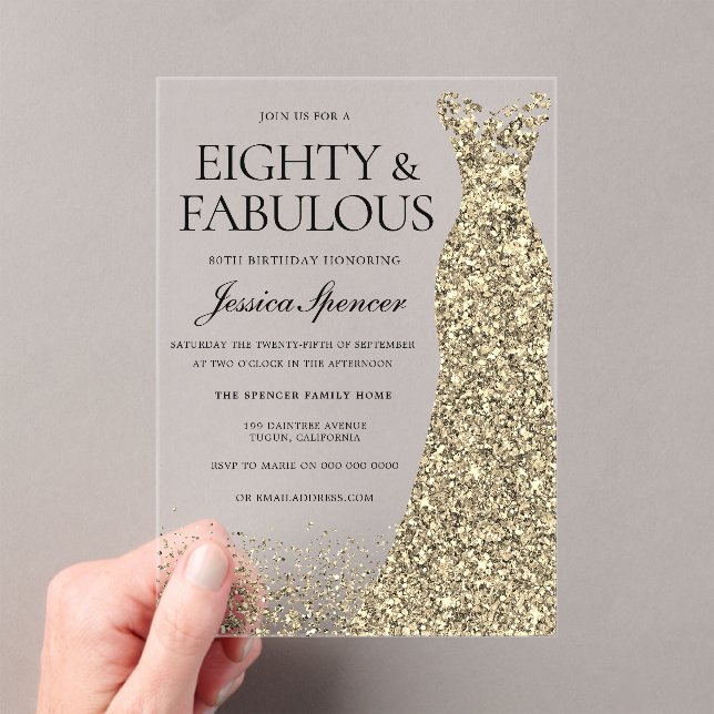 Golden Dress Womans 80th Birthday Party Acrylic Invitations (Insitu (Handheld))
