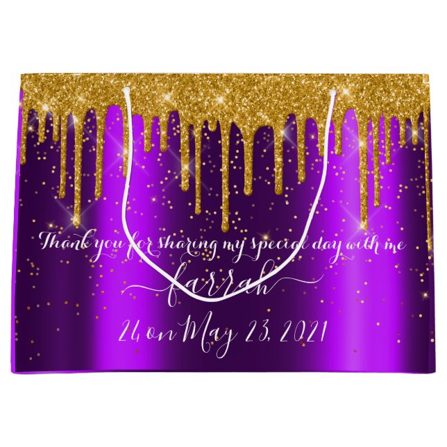 Golden Drip Sweet16th Violet Bridal Dark Purple Large Gift Bag (Front)
