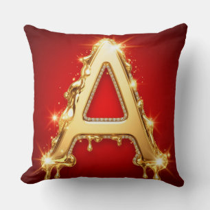 Golden Dripping Letter A Diamond Monogram Throw Pillow